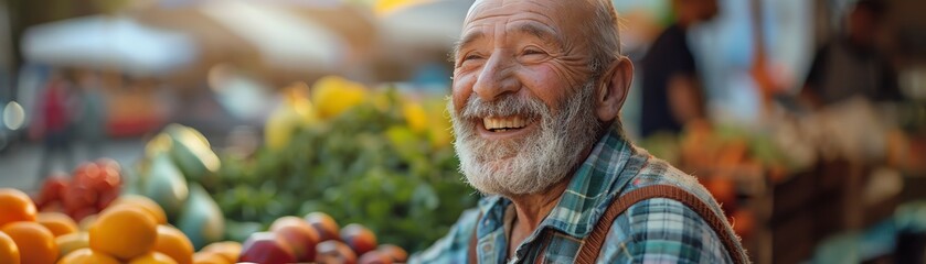 Elderly man smiling at a farmers market, exchanging goods with a vendor, bright morning light