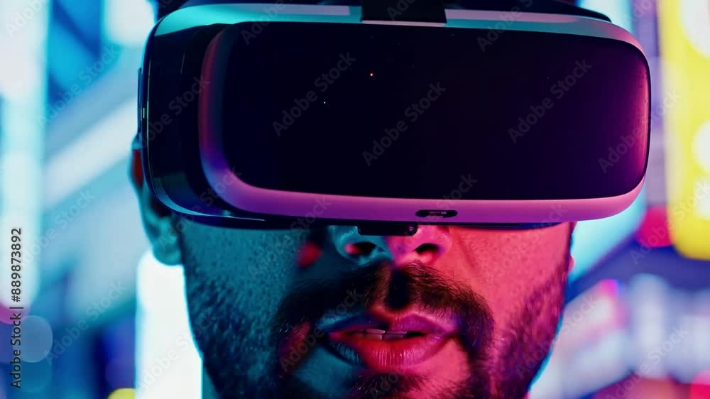 Poster a man wearing a vr headset looks up, standing in a city setting with blurred colorful lights behind 