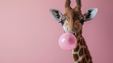 Giraffe blowing bubblegum, pink background, playful shot