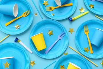 Composition with disposable tableware and decor for birthday party on color background
