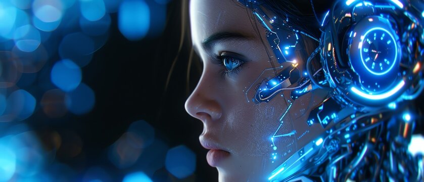 Futuristic female cyborg with intricate metallic details, side profile, neon blue lighting, digital background