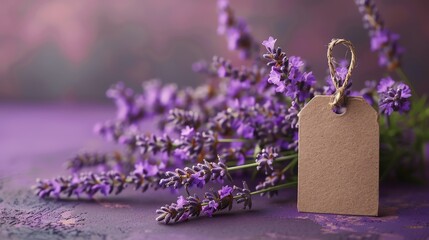 Lavender flowers adorned with a blank tag, placed on a purple surface, offer a calming visual suitable for various designs and messages