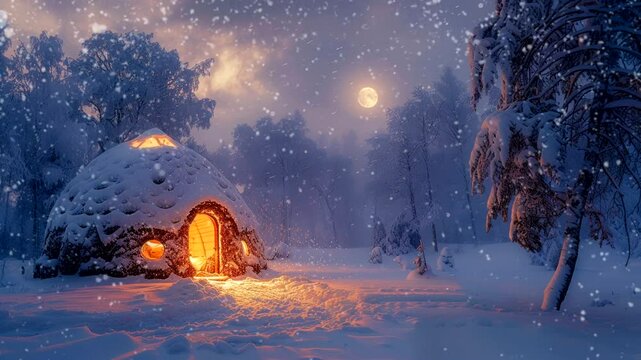 Cozy igloo in a snowy forest at night with warm light glowing. Winter serenity concept