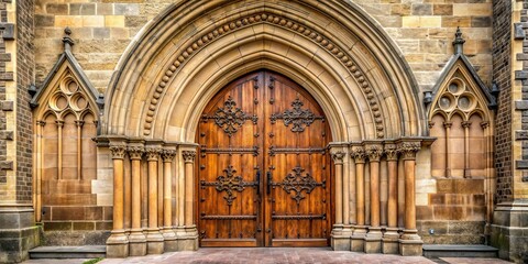 Obraz premium Entrance to a beautiful church with wooden doors and intricate stonework , architecture, religious, entrance