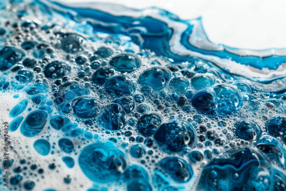 Poster close up of blue and white bubbles on a reflective surface capturing dynamic patterns and textures i