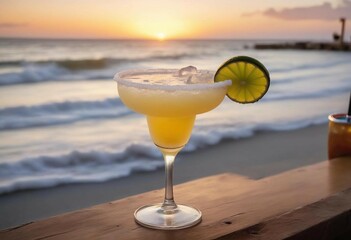 A salted-rim margarita on a rustic table at a beachfront bar, with the waves gently crashing and a vibrant sunset in the background.
