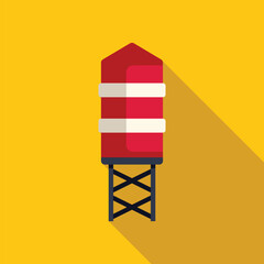 Red water tower standing on support legs on a yellow background, providing water to the community