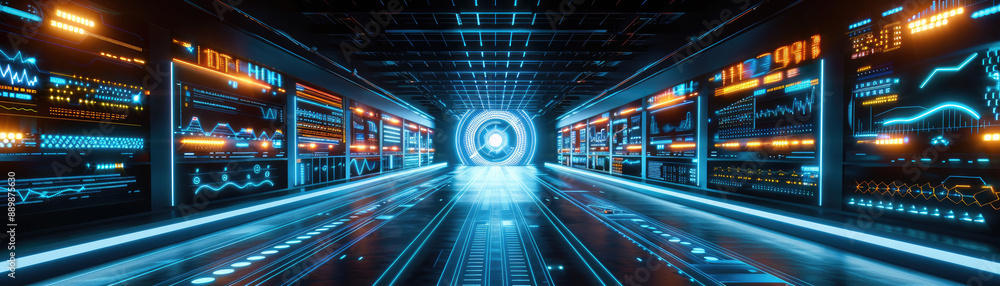 Poster futuristic data center with glowing lines and high-tech screens, representing advanced technology an