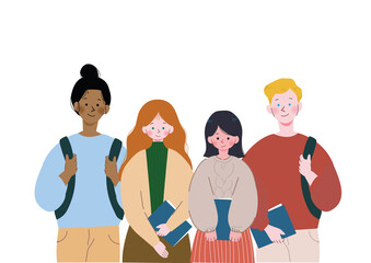 留学先のクラスメイトと教科書を抱えて並ぶ日本人女性 © Sami