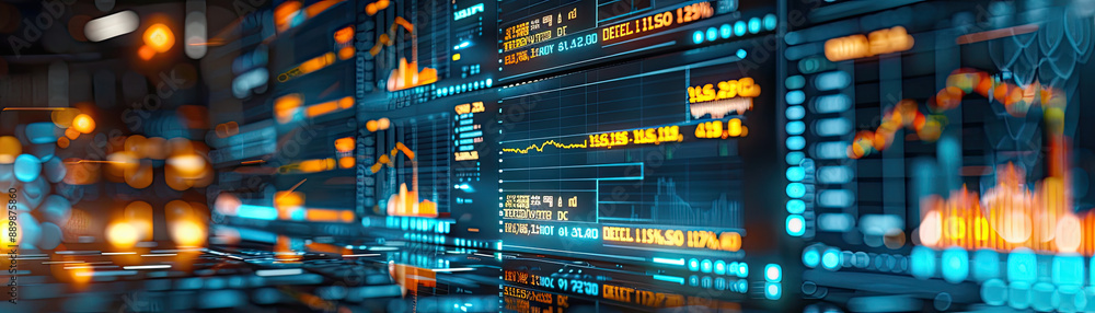 Poster futuristic financial data visualization with abstract graphs, charts, and statistics on a digital sc