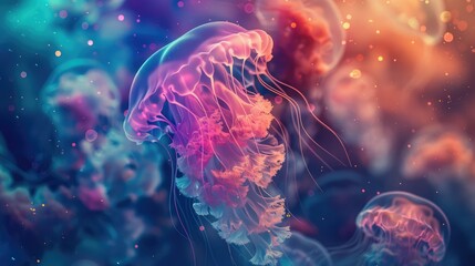 Obraz premium Vibrant Jellyfish in a Colorful Underwater World