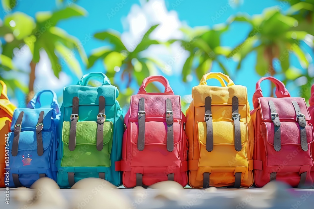 Poster colorful beach toys in the sand with a palm tree background capturing playful summer vibes and vibra