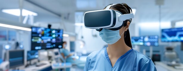 Healthcare professional using virtual reality for patient care, advanced medical tech environment, more clarity with clear light and sharp focus, high detailed