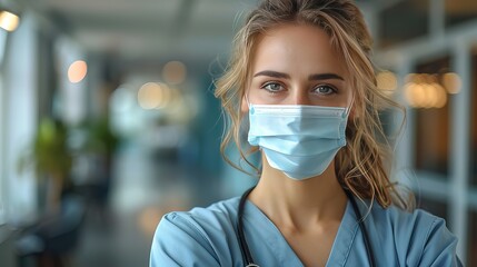 A confident young female nurse with her arms crossed, wearing a mask, standing against a blue background with space for text. The image conveys both professionalism and empowerment.


4/4






