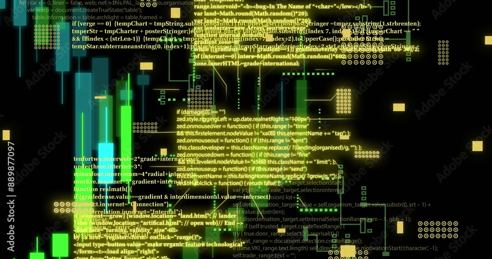 Poster image of financial data processing over circuit board background