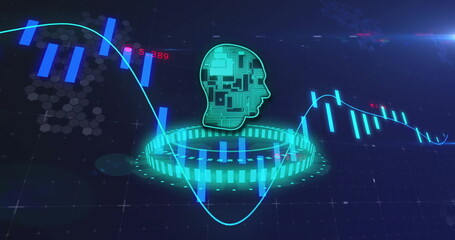 Image of financial data processing over head with circuit board on dark background