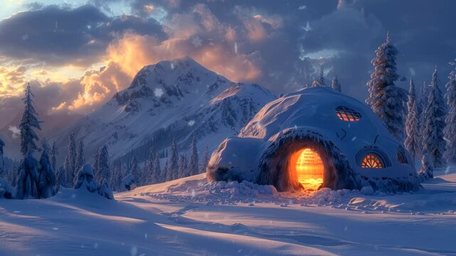 Cozy igloo in a snowy forest at night with warm light glowing. Winter serenity concept