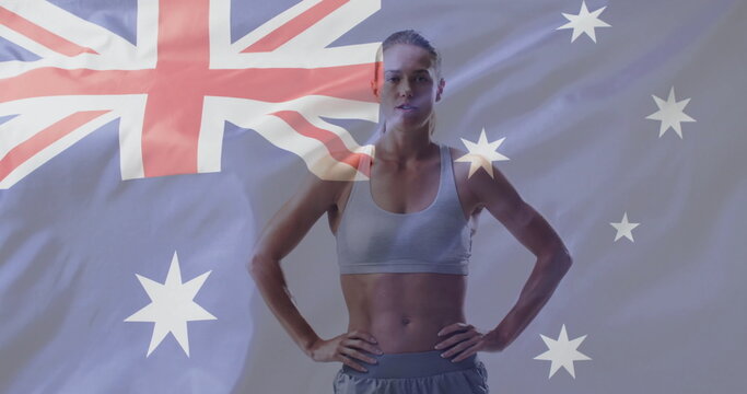 Image of flag of australia over caucasian female athlete - Powered by Adobe
