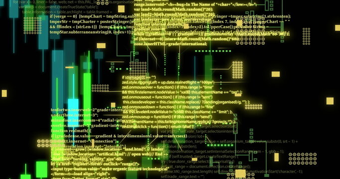 Image of financial data processing over circuit board background - Powered by Adobe