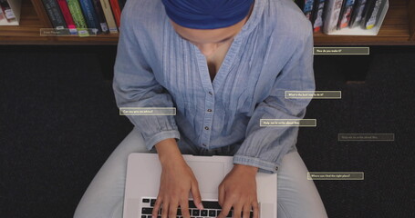 Image of ai text and data over biracial female student in hijab with laptop