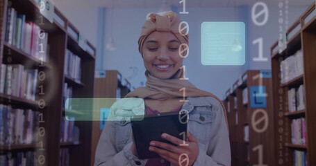 Image of ai text and data over biracial female student in hijab with tablet