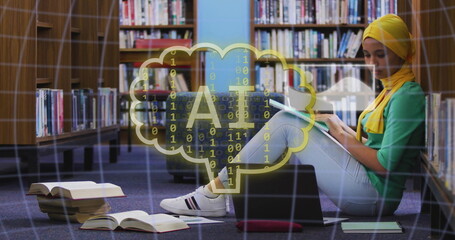 Image of ai text and data over biracial female student in hijab with laptop