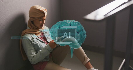 Image of ai text and data over biracial female student in hijab with tablet