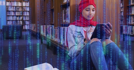 Image of ai text and data over biracial female student in hijab with tablet