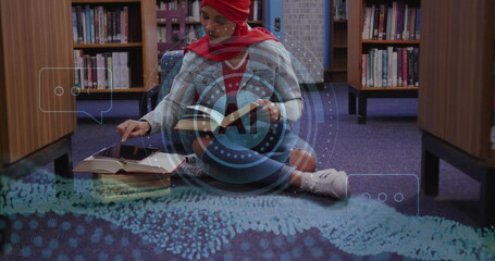 Image of ai text and data over biracial female student in hijab reading book