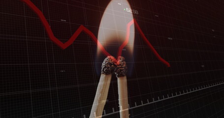 Image of financial data processing over lit matches