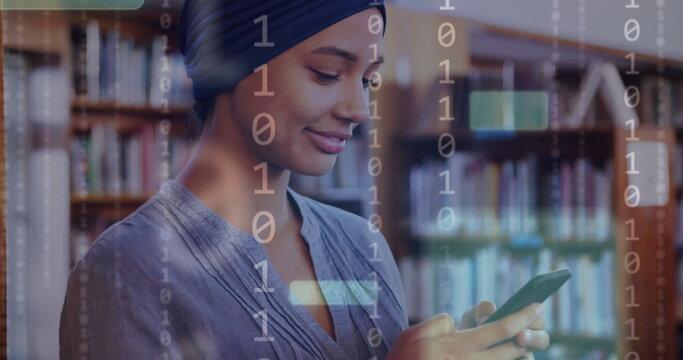 Image of ai text and data over biracial female student in hijab with smartphone