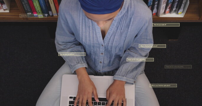 Image of ai text and data over biracial female student in hijab with laptop