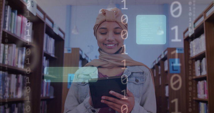 Image of ai text and data over biracial female student in hijab with tablet