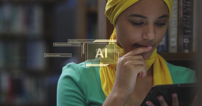 Image of ai text and data over biracial female student in hijab with tablet