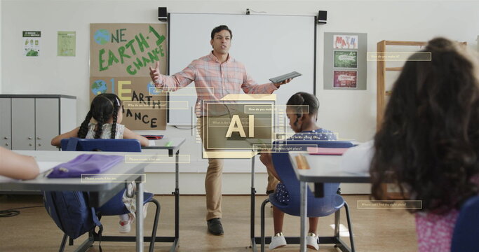 Image of ai text and data over diverse schoolchildren and male teacher - Powered by Adobe