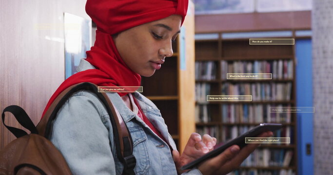 Image of ai text and data over biracial female student in hijab with tablet