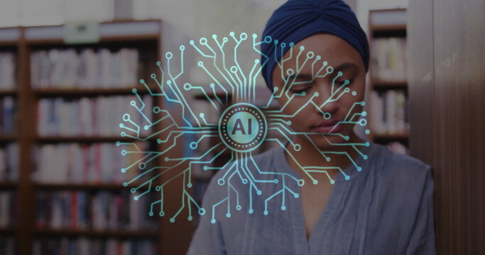 Image of ai text, brain and data over biracial female student in hijab reading book