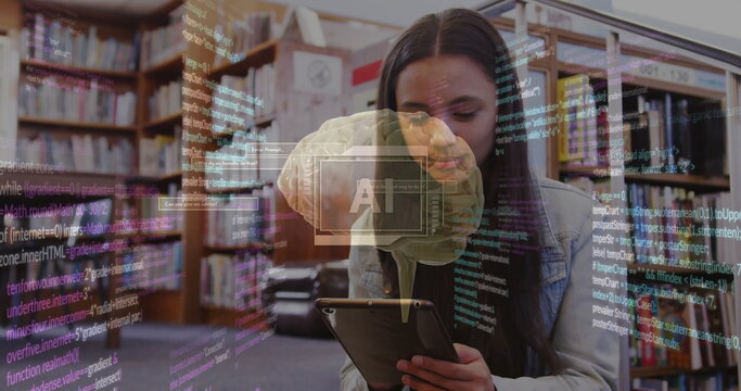 Image of ai text and data over biracial female student in hijab with tablet