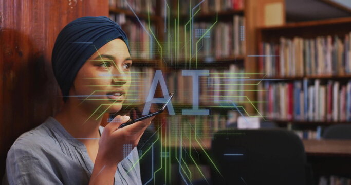 Image of ai text and data over biracial female student in hijab with smartphone