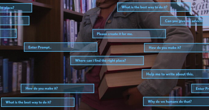 Image of ai text and data over biracial female student in hijab with books