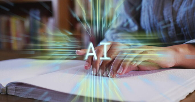 Image of ai text, brain and data over biracial female student with book - Powered by Adobe