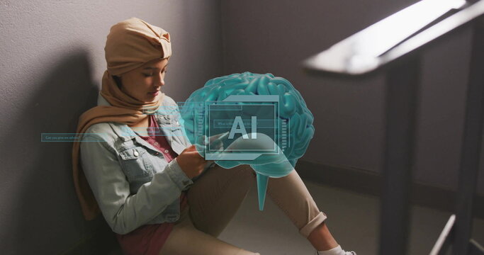 Image of ai text and data over biracial female student in hijab with tablet