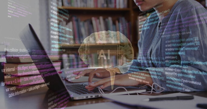 Image of ai text and data over biracial female student in hijab with laptop