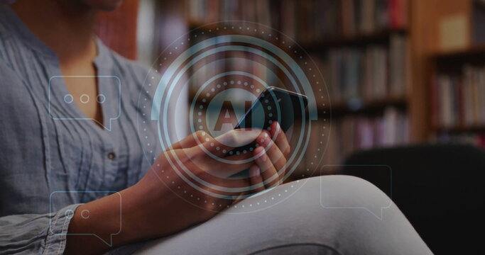 Image of ai text and data over biracial female student in hijab with smartphone - Powered by Adobe