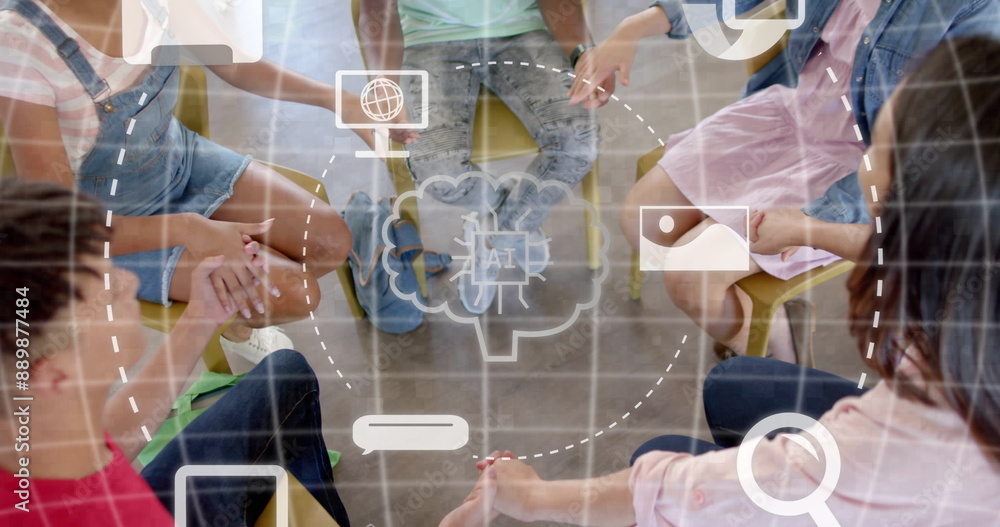 Poster image of ai text and data processing over diverse students holding hands