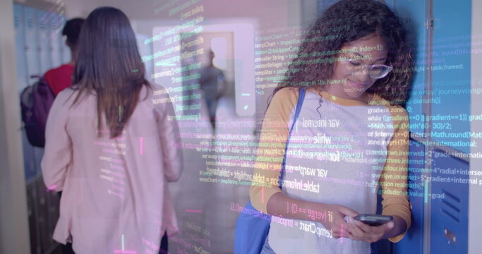 Image of digital data processing over biracial female student using smartphone in school