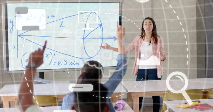 Image of ai data processing over diverse students at school