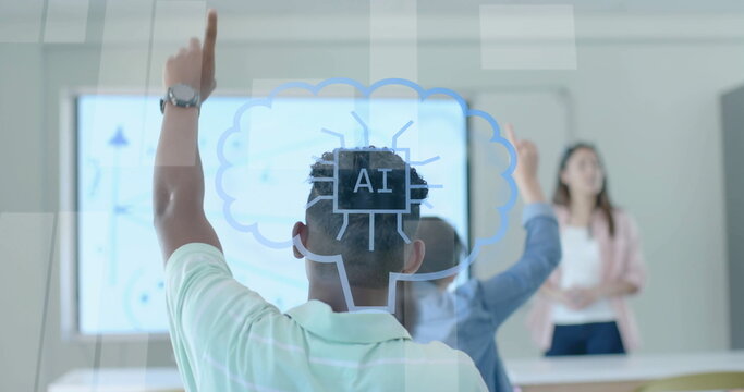 Image of ai data processing over diverse students at school