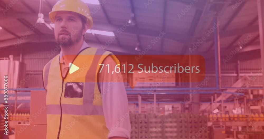 Poster factory worker in safety vest and helmet with subscriber count image over scene