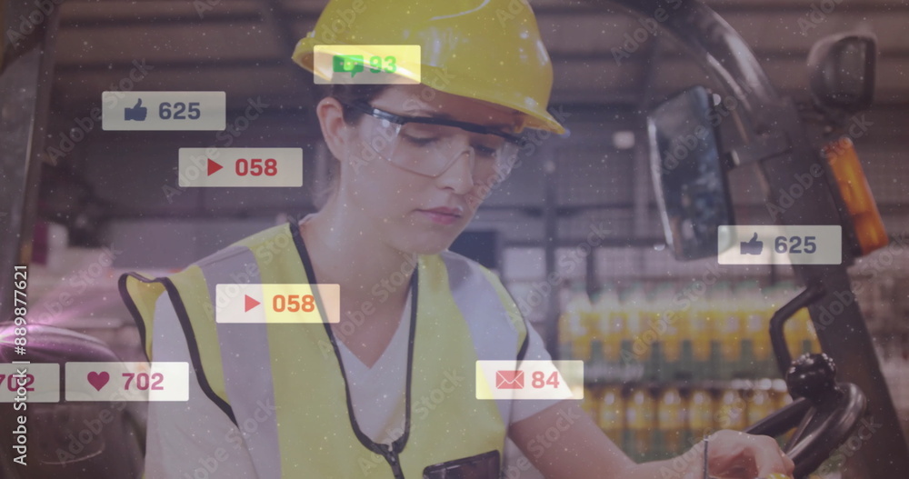Poster social media notifications image over factory worker using handheld device